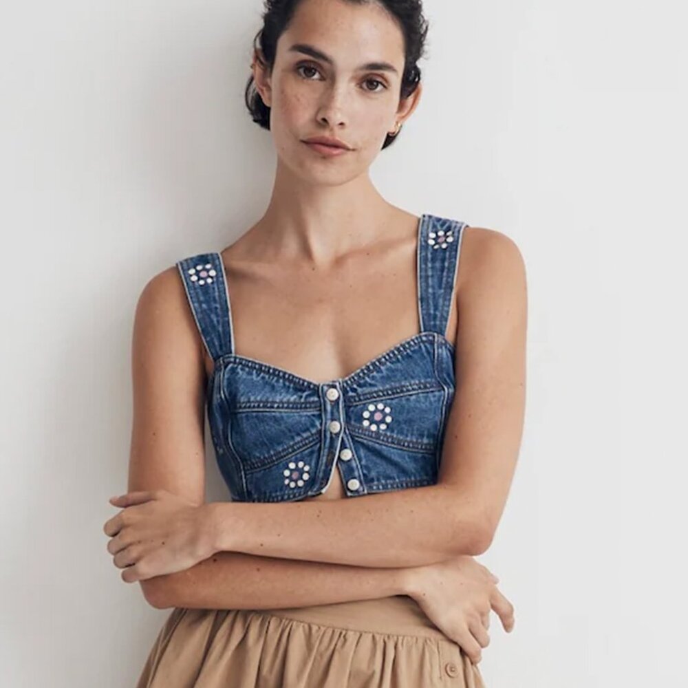 Madewell Denim Crop Top Bralette with Stamped Floral Pattern Women's Size 0 NWT - Picture 5 of 11
